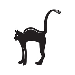 Stylized black cat silhouette with arched back and curled tail on a white background