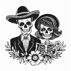 Mexican Skeleton Couple Stock Illustrations isolated on white background.