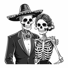 Mexican Skeleton Couple Stock Illustrations isolated on white background.