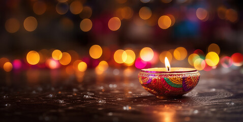 Traditional diya oil lamp with glowing flame on dark blurred background. Warm spiritual illustration for Diwali, Hindu culture, prayer, meditation and festive celebrations.