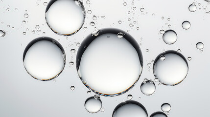 Transparent water drops and glossy bubbles on a white background. Realistic clean illustration perfect for skincare, serum, cosmetic, hydration and beauty design concepts.
