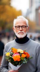 Middle-aged Man Holds Bouquet of Flowers in Bustling Park, Surrounded by Blooming Trees and Joyful People