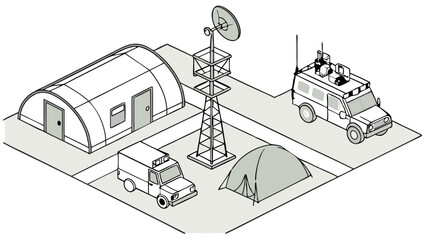Isometric Illustration of Field Base with Communication Equipment.