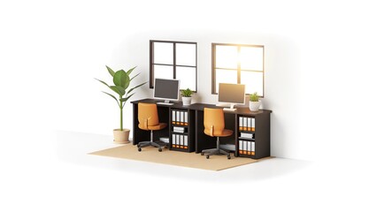 Modern Office Space with Twin Desks and Orange Chairs Bathed in Sunlight for a Creative Work Environment
