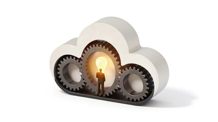 Person Standing Under Cloud with Gears and Light Bulb Representing Thought Process and Creative Innovation
