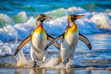 Fototapeta premium King Penguins Waddling Joyful Beach Surf Friends