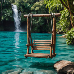 Wooden Swing Near Lush Waterfall
