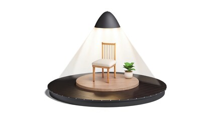 Wooden Chair Under Spotlight in Minimalist Room Evoking Solitude and Dramatic Introspection
