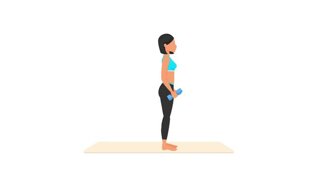 Alt hammer frontal raises exercise tutorial. Female workout on mat. Fitness woman exercising. Looped 2D animation with young girl character training. Sport and healthy lifestyle concept.