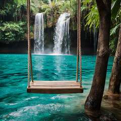 Wooden Swing Near Lush Waterfall