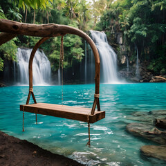 Wooden Swing Near Lush Waterfall