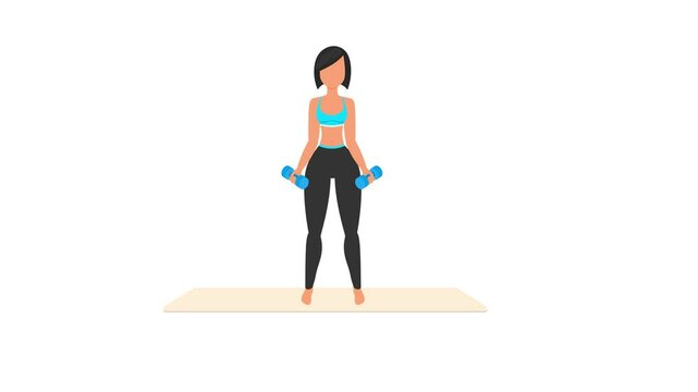 External rotate curls exercise tutorial. Female workout on mat. Fitness woman exercising. Looped 2D animation with young girl character training. Sport and healthy lifestyle concept.