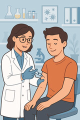 Fototapeta premium Doctor Administering Flu Vaccine Injection to Male Patient in Medical Laboratory, Immunization and Healthcare Concept, Virus Protection, Vaccination Campaign, Vector Cartoon Illustration