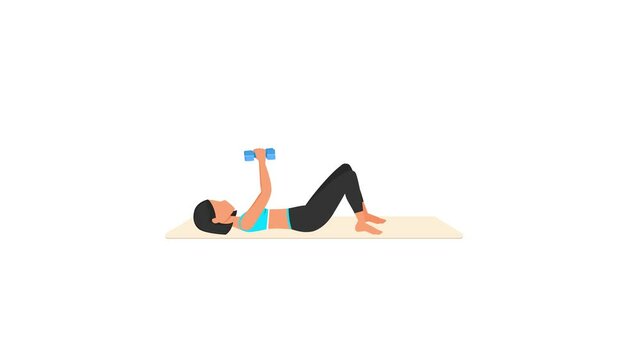 Faster tempo tricep press exercise tutorial. Female workout on mat. Fitness woman exercising. Looped 2D animation with young girl character training. Sport and healthy lifestyle concept.