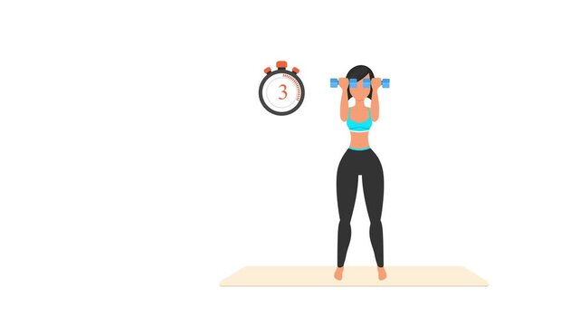 Facing hold 10 sec. to press exercise tutorial. Female workout on mat. Fitness woman exercising. Looped 2D animation with young girl character training. Sport and healthy lifestyle concept.