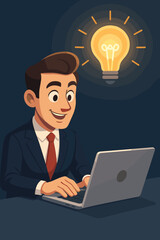 Cartoon businessman character at a desk with a laptop gets a brilliant idea. A glowing light bulb metaphor for innovation, creativity, problem-solving, and inspiration. Vector.