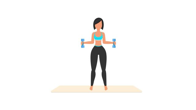 Hammer hold, external rotate exercise tutorial. Female workout on mat. Fitness woman exercising. Looped 2D animation with young girl character training. Sport and healthy lifestyle concept.