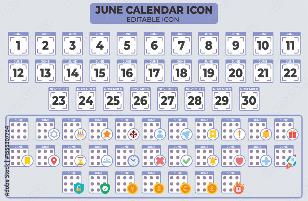 Poster editable june calendar icon set with highlighted dates and special events templates vector illustrat