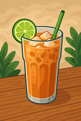 Refreshing iced milk tea with lime slice, ice cubes, and straw on wooden table. Summer beverage concept. Cartoon vector illustration. Cold drink, tropical refreshment, cafe menu design
