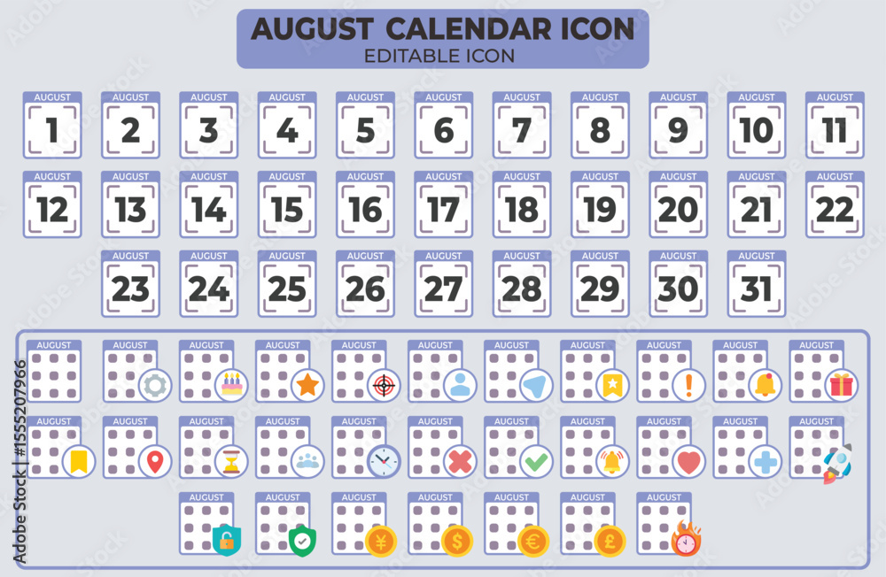 Poster august calendar icon set with editable elements for planning and scheduling applications