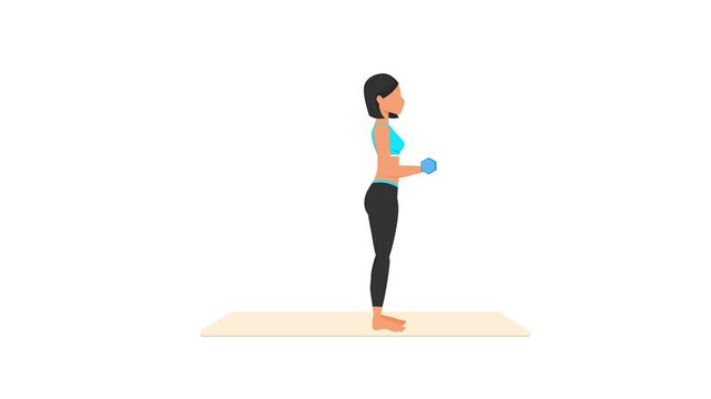 Palms up hold dumbbell curl exercise tutorial. Female workout on mat. Fitness woman exercising. Looped 2D animation with young girl character training. Sport and healthy lifestyle concept.