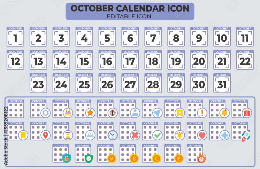 Poster october calendar icon set with editable elements for events and important dates representation