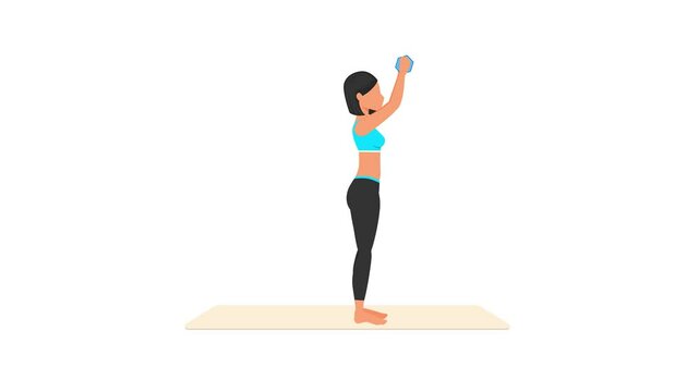 Top half raises with one dumbbell exercise tutorial. Female workout on mat. Fitness woman exercising. Looped 2D animation with young girl character training. Sport and healthy lifestyle concept.