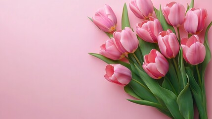 Obraz premium Pink tulip bouquet on pastel pink background flat lay concept of spring love celebration feminine floral mood