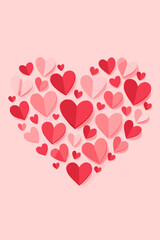 Romantic pink and red paper hearts arranged in large heart shape, love and romance concept, Valentine&rsquo;s Day background, 3D origami style, wedding, anniversary, celebration, no text