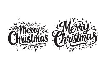 Hand Drawn Merry Christmas Lettering with Floral and Swirl Elements Vintage Holiday Greeting Design