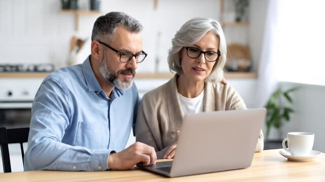 Mature couple using laptop computer together at home in kitchen interior