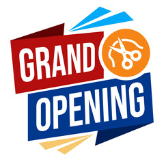 Grand opening promotional labels with modern ribbon design