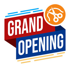 Grand opening promotional labels with modern ribbon design