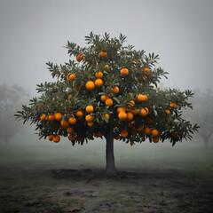 Orange Tree Emerging From  Fog