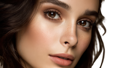 Beautiful woman with dark brown hair and hazel eyes, close-up portrait, png, transparent