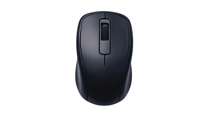 Black computer mouse on a white background, top view, with copy space, png, transparent