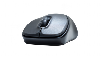 Black computer mouse on a white background, top view, with copy space, png, transparent