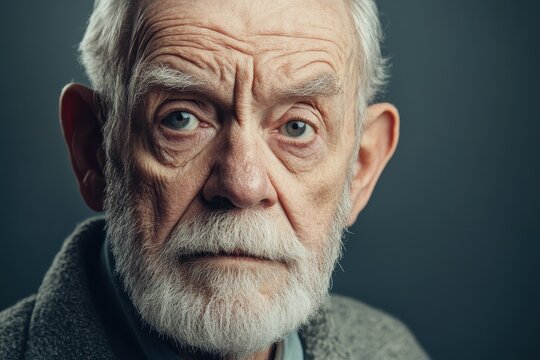 Introspective Senior Man. Thoughtful Portrait of an Elderly Male Against a Gray Backdrop