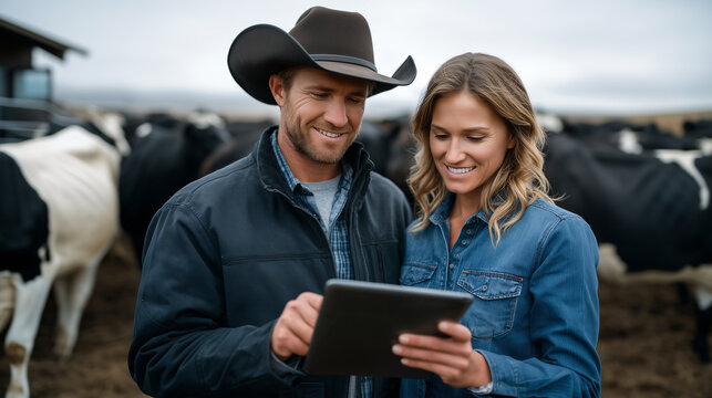Modern cattle farmers analyzing herd data on a tablet in a field, integrating technology with traditional animal husbandry practices in a digital farming environment digital farm m - Powered by Adobe