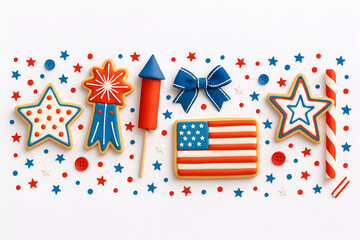 Fototapeta premium Fourth of July icons and elements with fireworks, balloons, ribbons, and American flags on white background