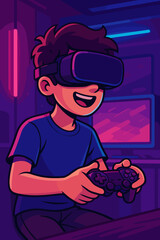 Teen gamer immersed in virtual reality gaming, holding controller, wearing VR headset, neon lights, futuristic room, technology entertainment concept, vector cartoon illustration, vibrant colors