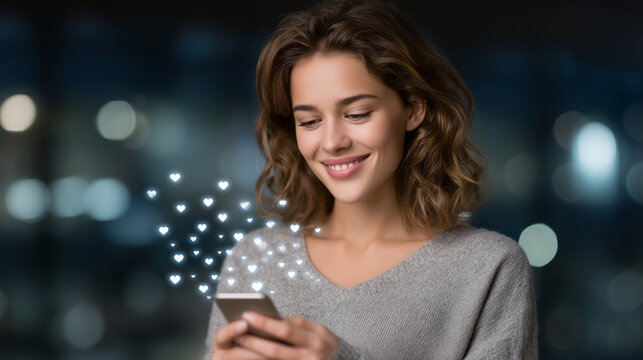 A young woman using a smartphone surrounded by glowing floating icons of messages, likes, and shopping notifications, representing social media interaction and digital lifestyle so