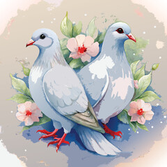 Vector art of two white pigeons stand together among pink flowers