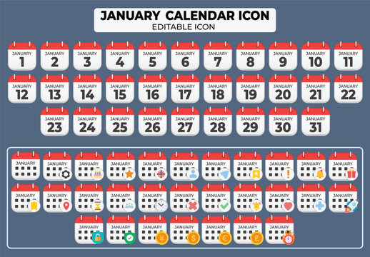 Collection of January Calendar Icons for Graphic Design Projects and Event Scheduling