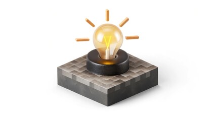 Pixel Art Yellow Light Bulb Glowing on Soft Blue Background Representing Ideas and Digital Creativity
