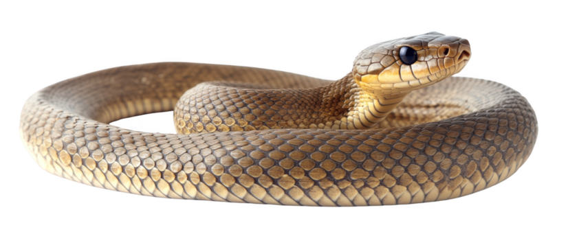 Coiled snake on transparent background cutout nature photography close-up view serpentine reptile in studio setting