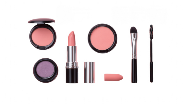 Makeup set with blush, lipstick, and eye shadow on a pastel pink background, png, transparent
