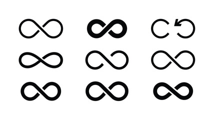 Geometric and Flowing Infinity Symbols – 10 Minimalist Icons in Black and Gray Including a Striped Textured Variation – Vector Set for Use in Logos, Designs, Tattoos, and Digital Projects