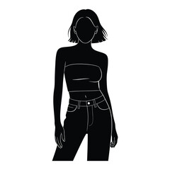 Fototapeta premium Tube Top Low-Rise Jeans Street Style Silhouette, Vector, Illustration, Outline, Icon, Logo, White Background.
