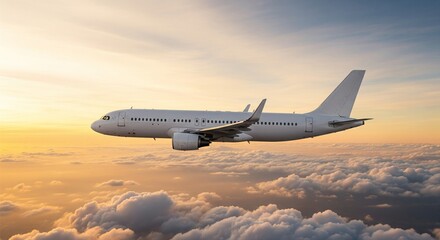 Fototapeta premium Side profile of a white commercial airplane flying above the clouds during golden hour